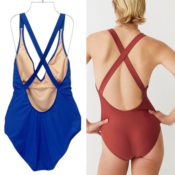 J. Crew Cross Back One Piece Swimsuit Royal Blue Size 8 V-Neck Plunge Low Back - Picture 5 of 13